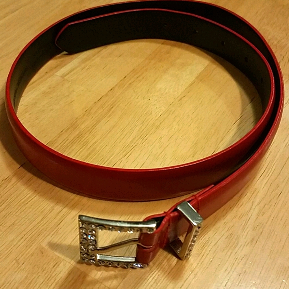 Red Split Leather Belt Square Rhinestone Buckle‎